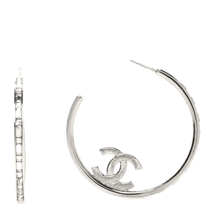 Chanel Metal Crystal Baguette CC Large Hoop Earrings Silver 1 of 5