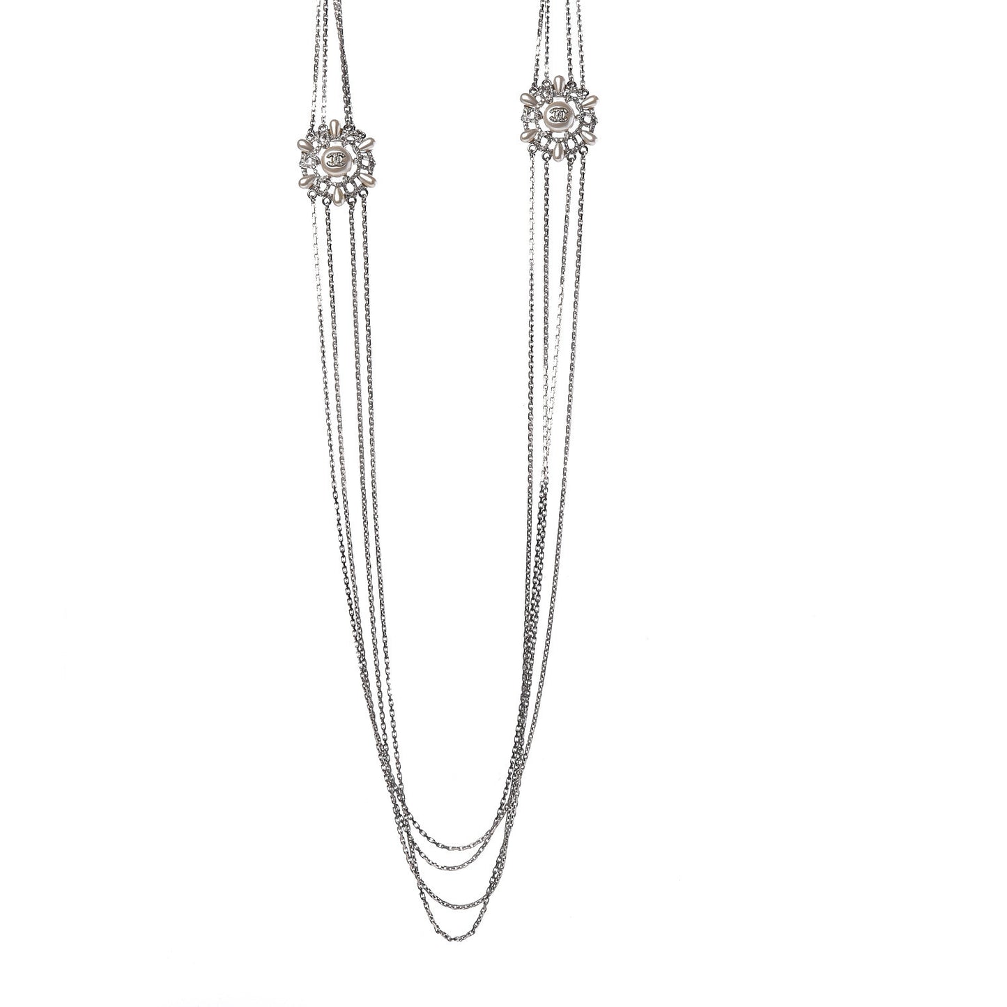 Pearl Chain CC Long Necklace Silver