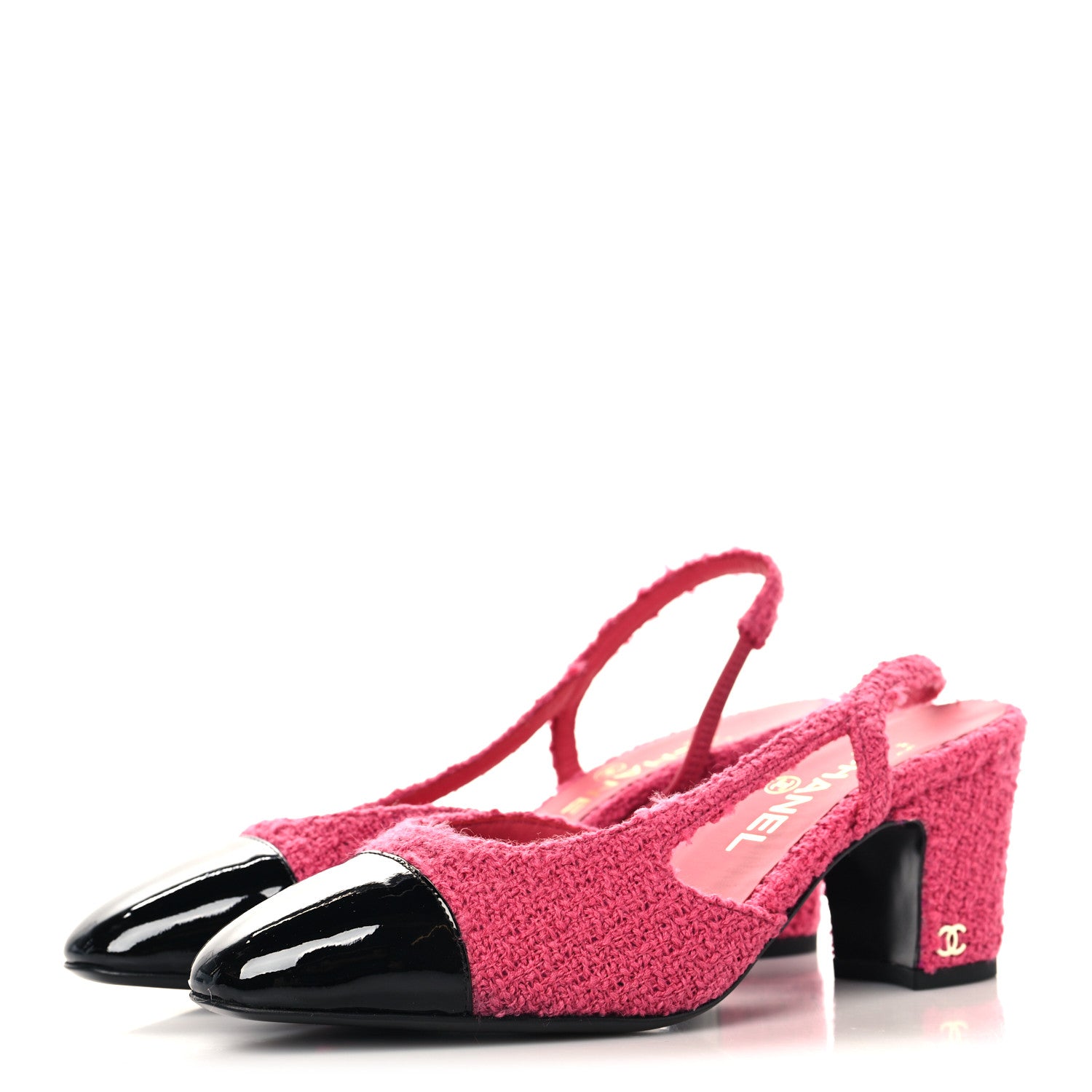 Chanel Tweed Patent Cap Toe CC Slingback Pumps 36.5 Pink Black 4 of 10
