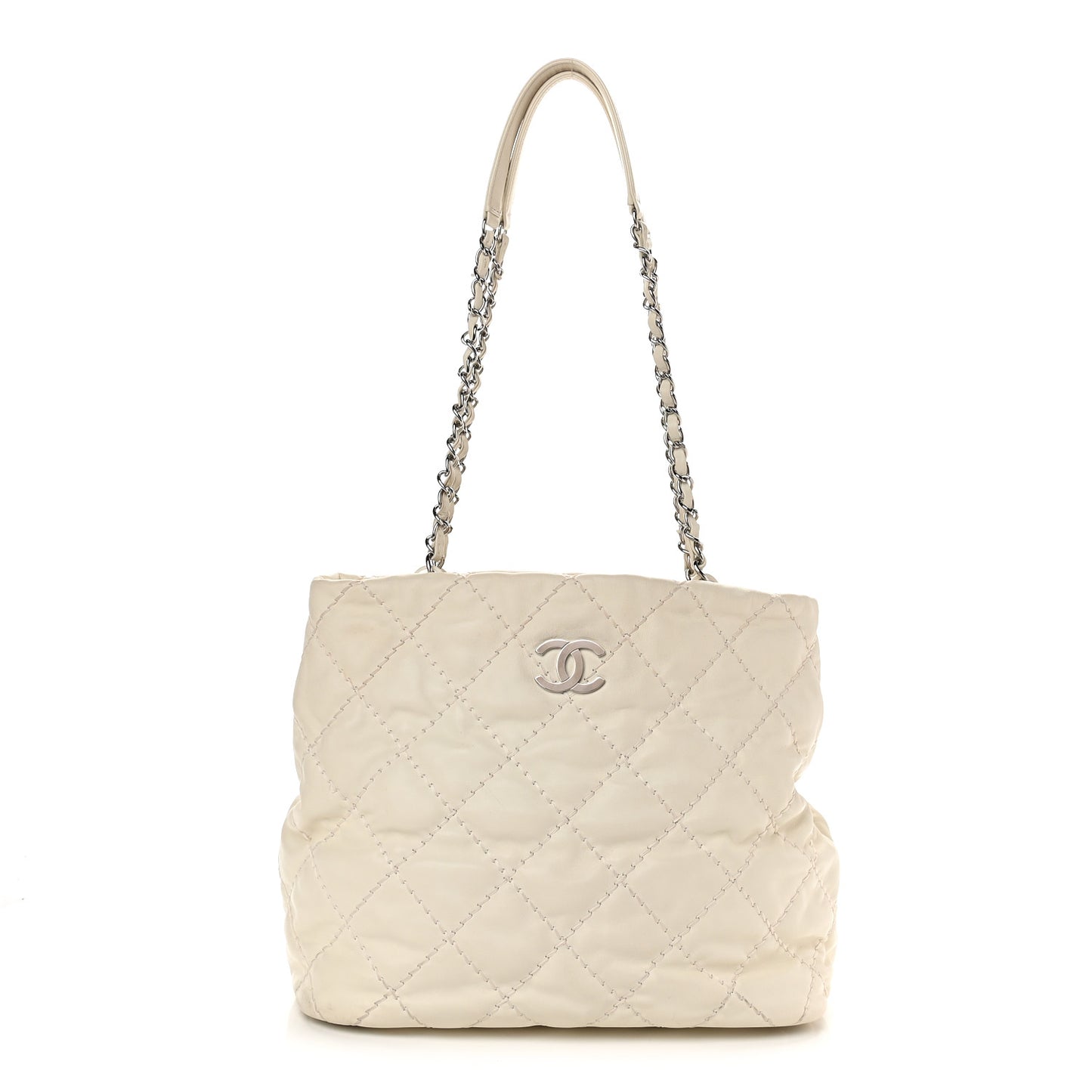 Calfskin Contrast Stitch Tote Beige