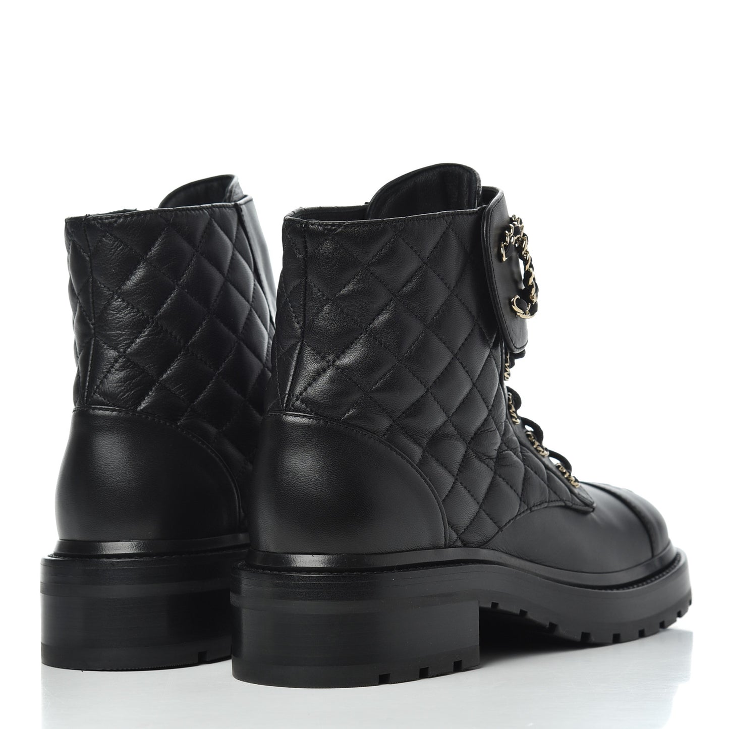 Shiny Lambskin Quilted Lace Up Combat Boots 36.5 Black
