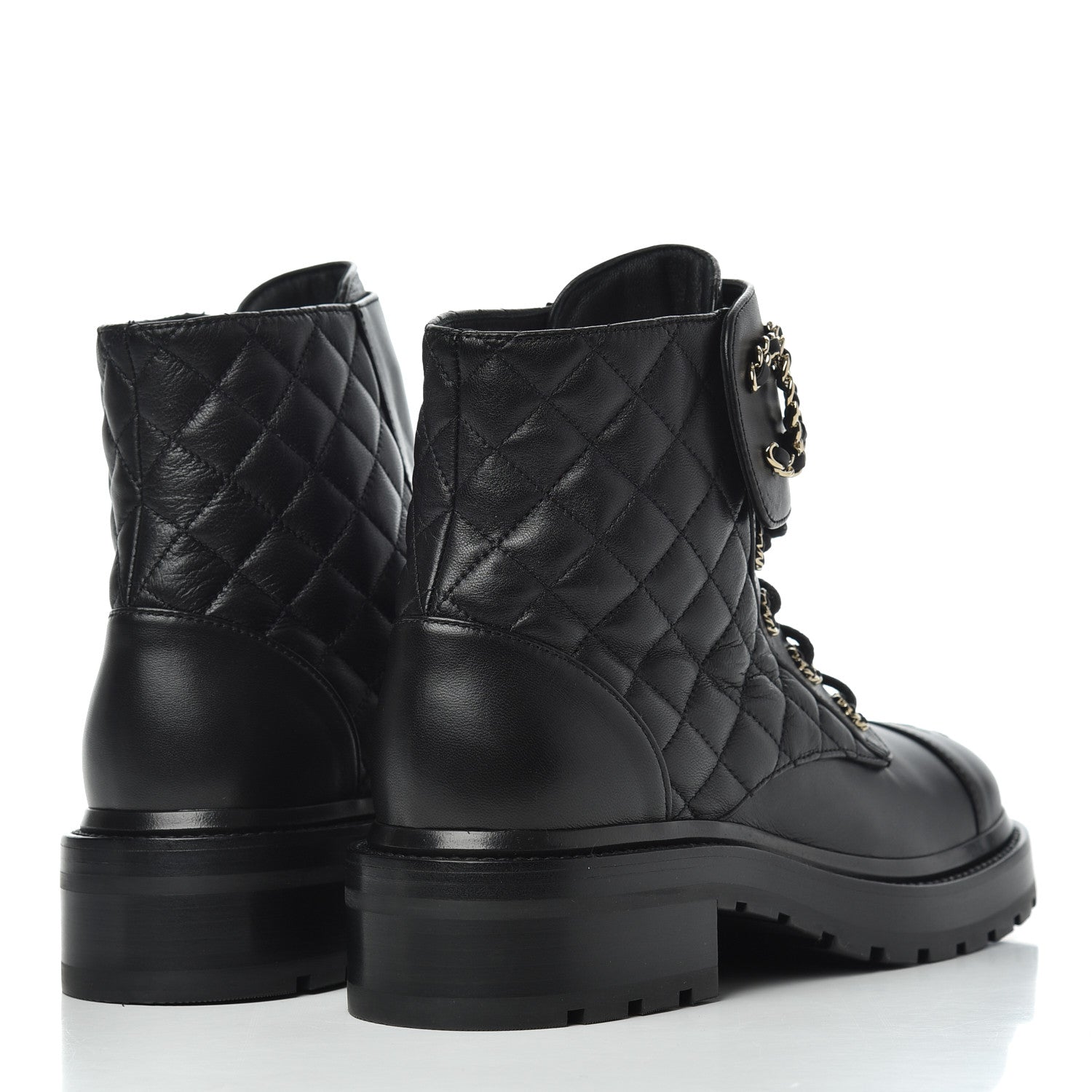 Chanel Shiny Lambskin Quilted Lace Up Combat Boots 36.5 Black 4 of 17