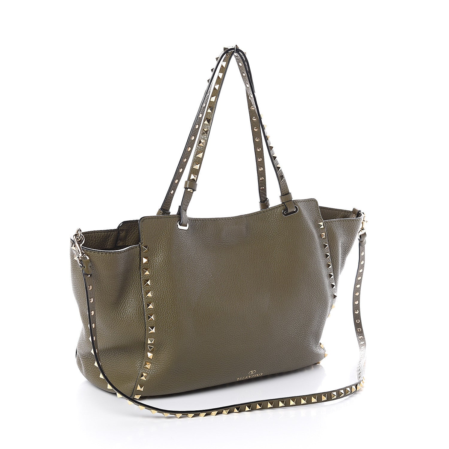 Valentino Garavani Pebbled Calfskin Medium Rockstud Tote Army Green 2 of 7