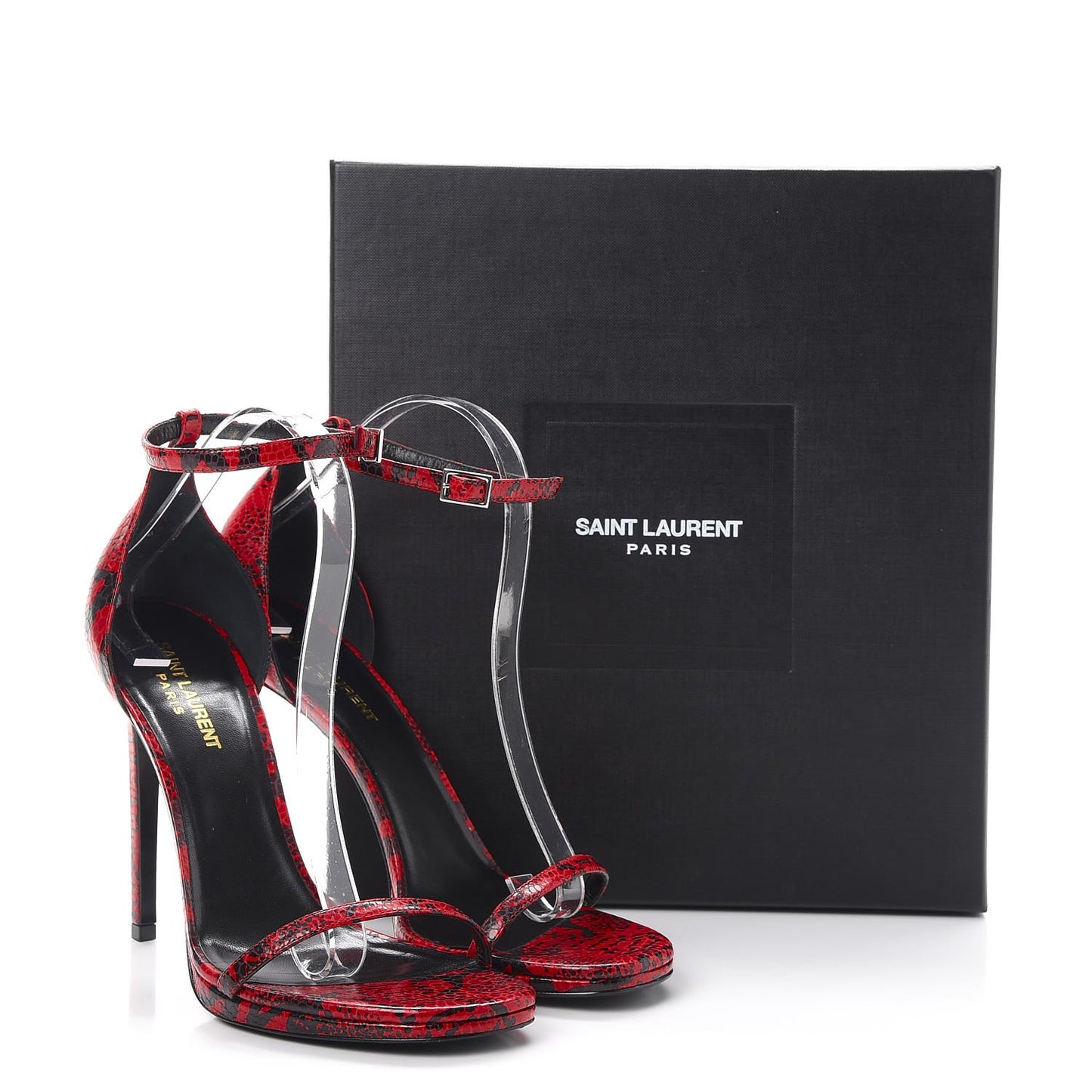 Snake Calfskin Embossed Jane 105 Ankle Strap Sandals 40 Red Black