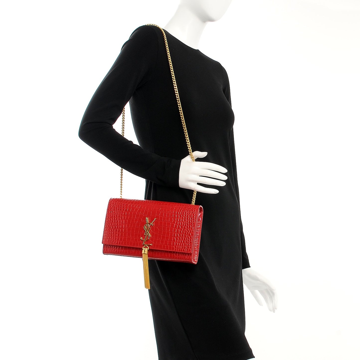Calfskin Crocodile Embossed Medium Classic Monogram Kate Tassel Satchel New Red