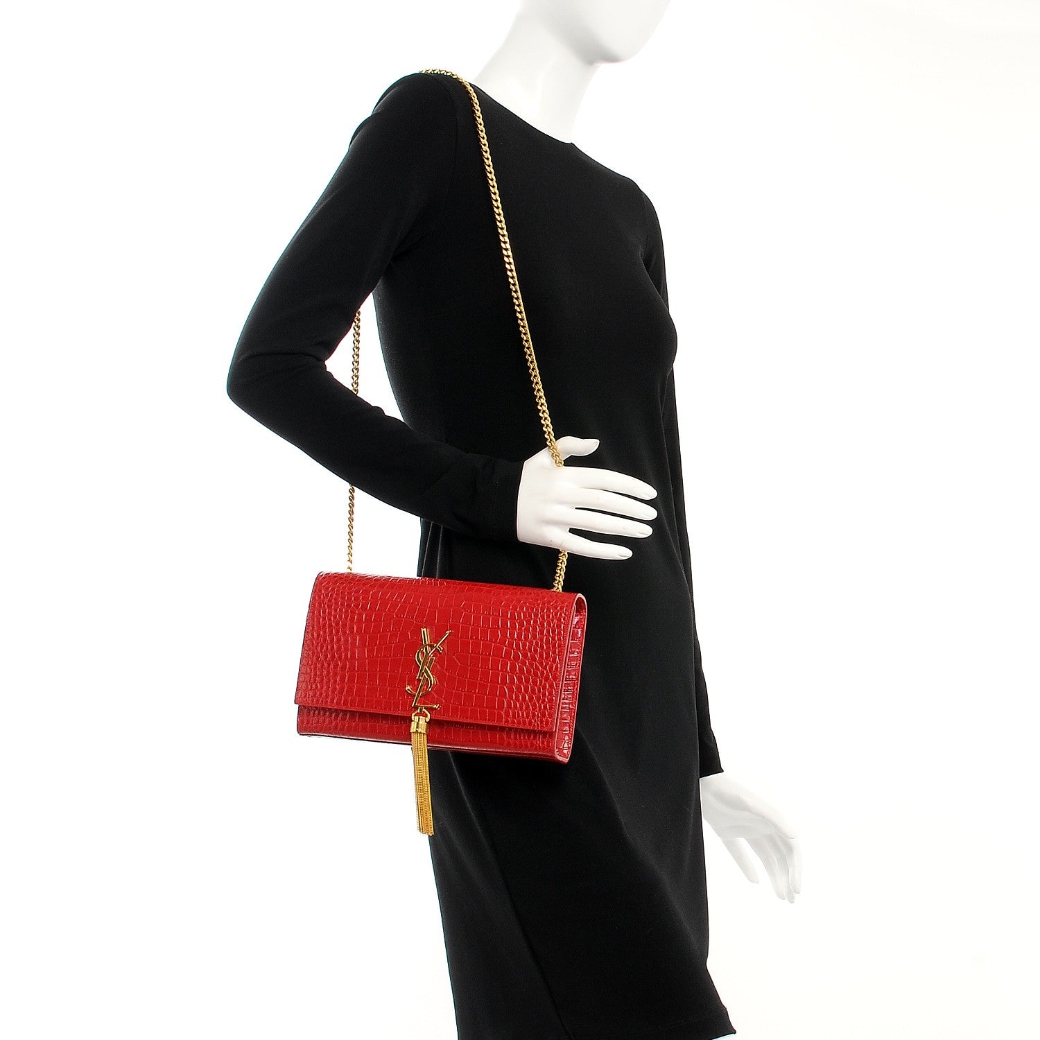 Saint Laurent Calfskin Crocodile Embossed Medium Classic Monogram Kate Tassel Satchel New Red 2 of 6