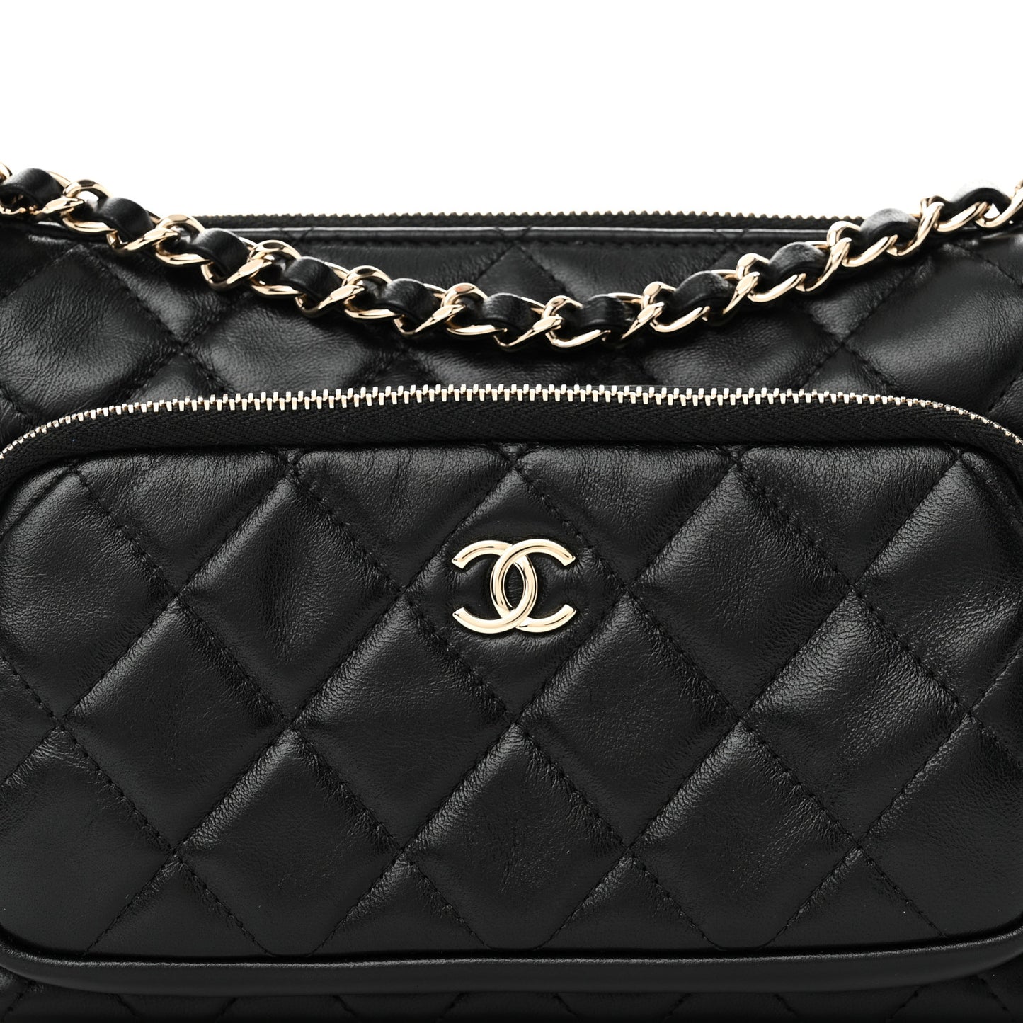 Shiny Crumpled Lambskin Quilted Small Preppy Pocket Clutch With Chain Black