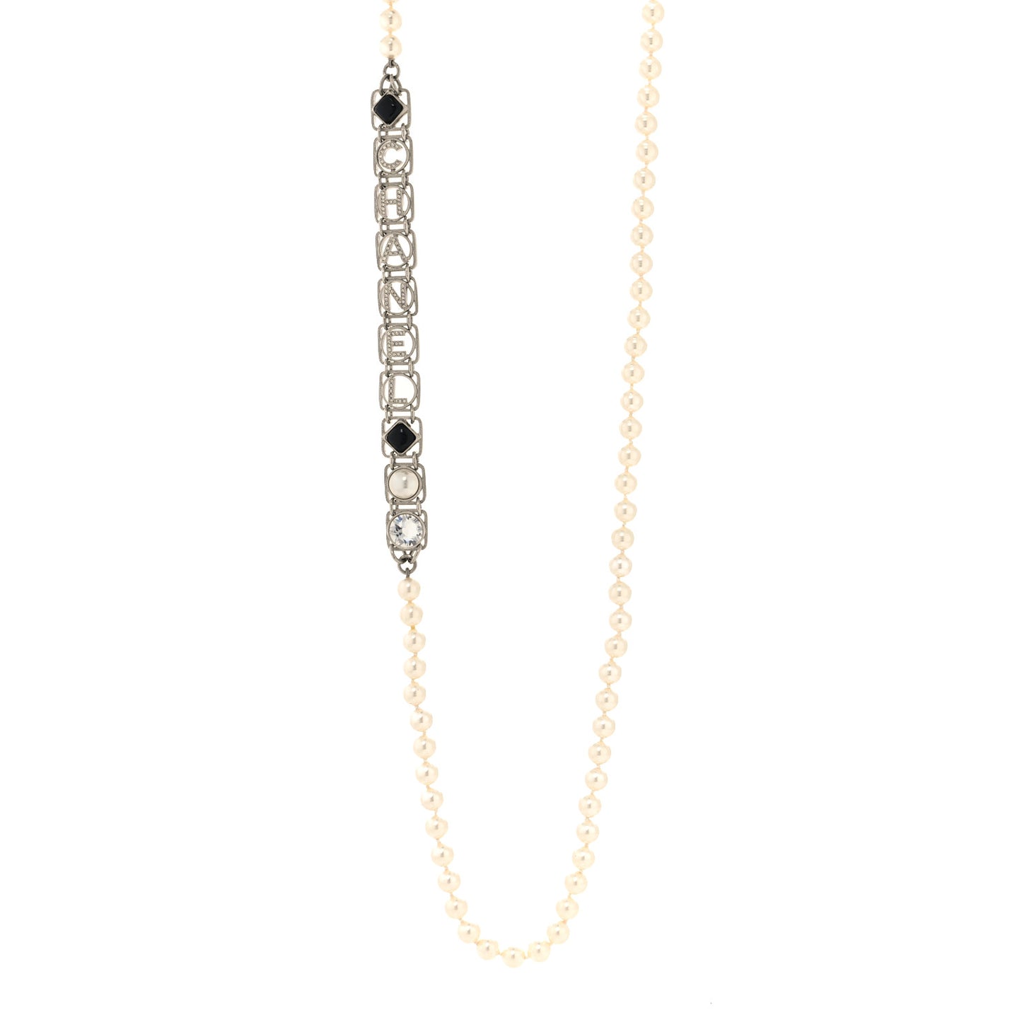 Crystal Pearl Resin Chanel Logo Long Necklace Silver Pearly White Black