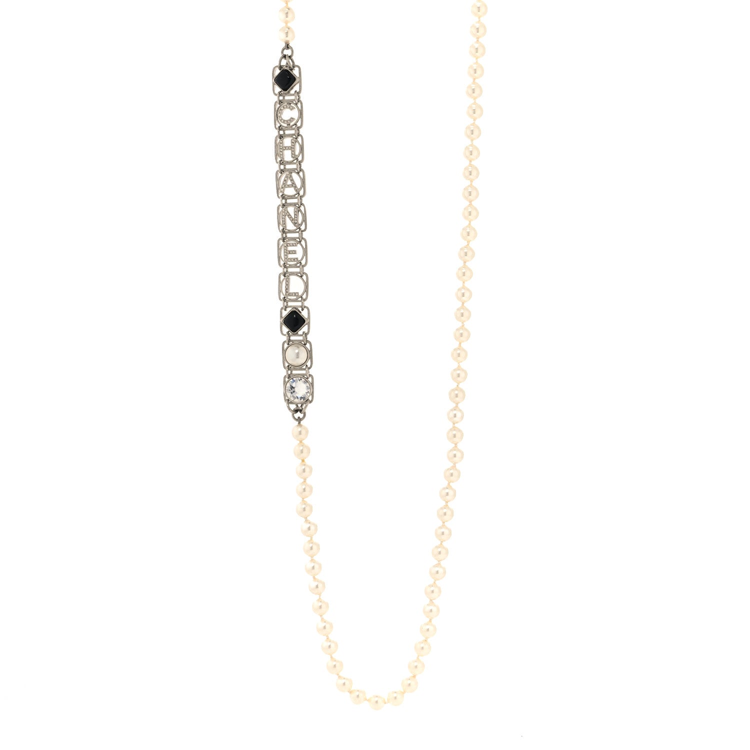 Chanel Crystal Pearl Resin Chanel Logo Long Necklace Silver Pearly White Black 1 of 5