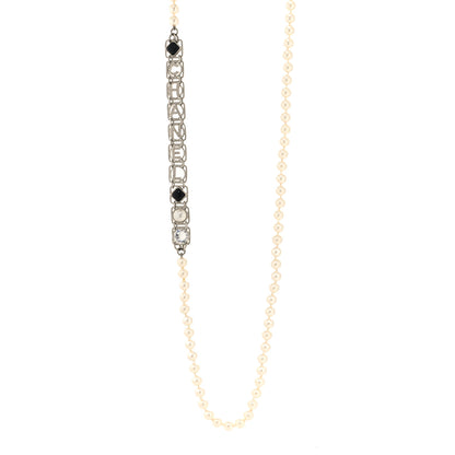 Chanel Crystal Pearl Resin Chanel Logo Long Necklace Silver Pearly White Black 1 of 5