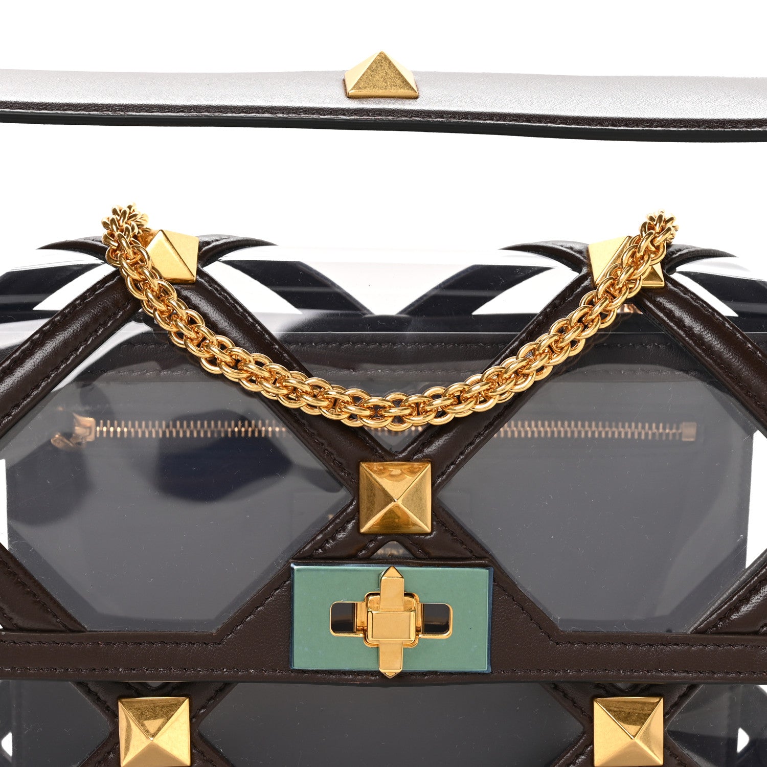 Valentino Garavani PVC Calfskin Large Roman Stud Shoulder Bag Transparent Dark Brown 7 of 9