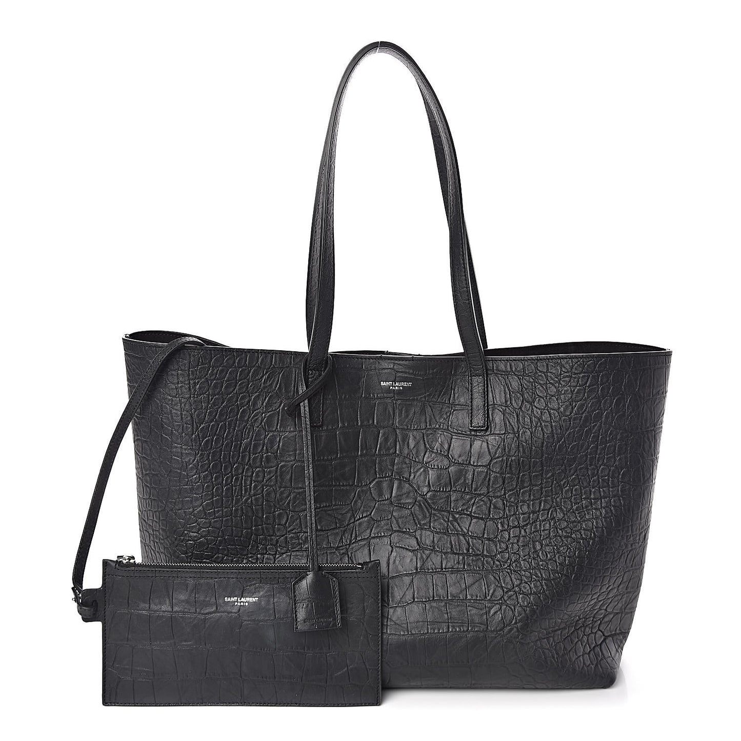 Calfskin Crocodile Embossed Large Shopper Tote Black