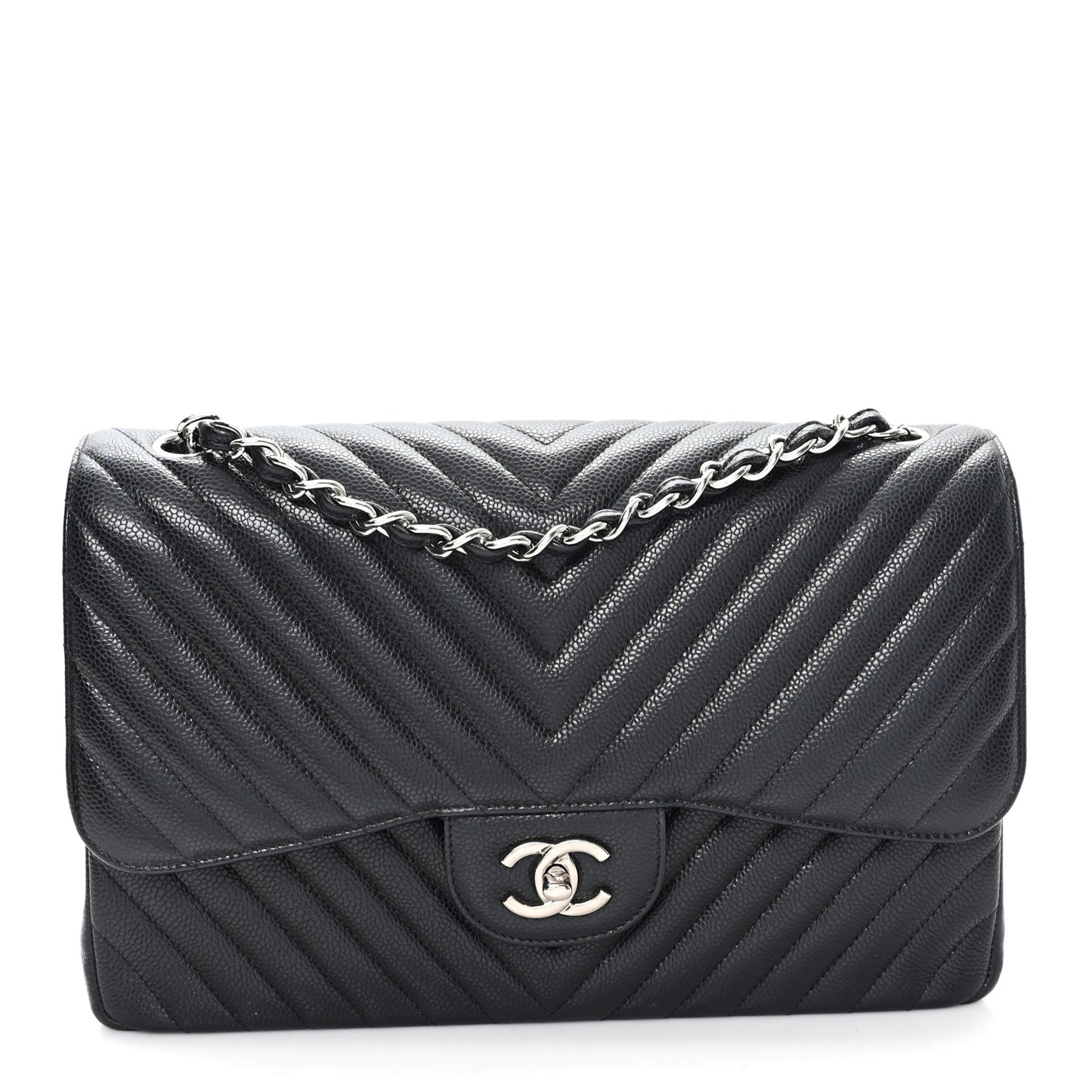 Caviar Chevron Quilted Jumbo Double Flap Black