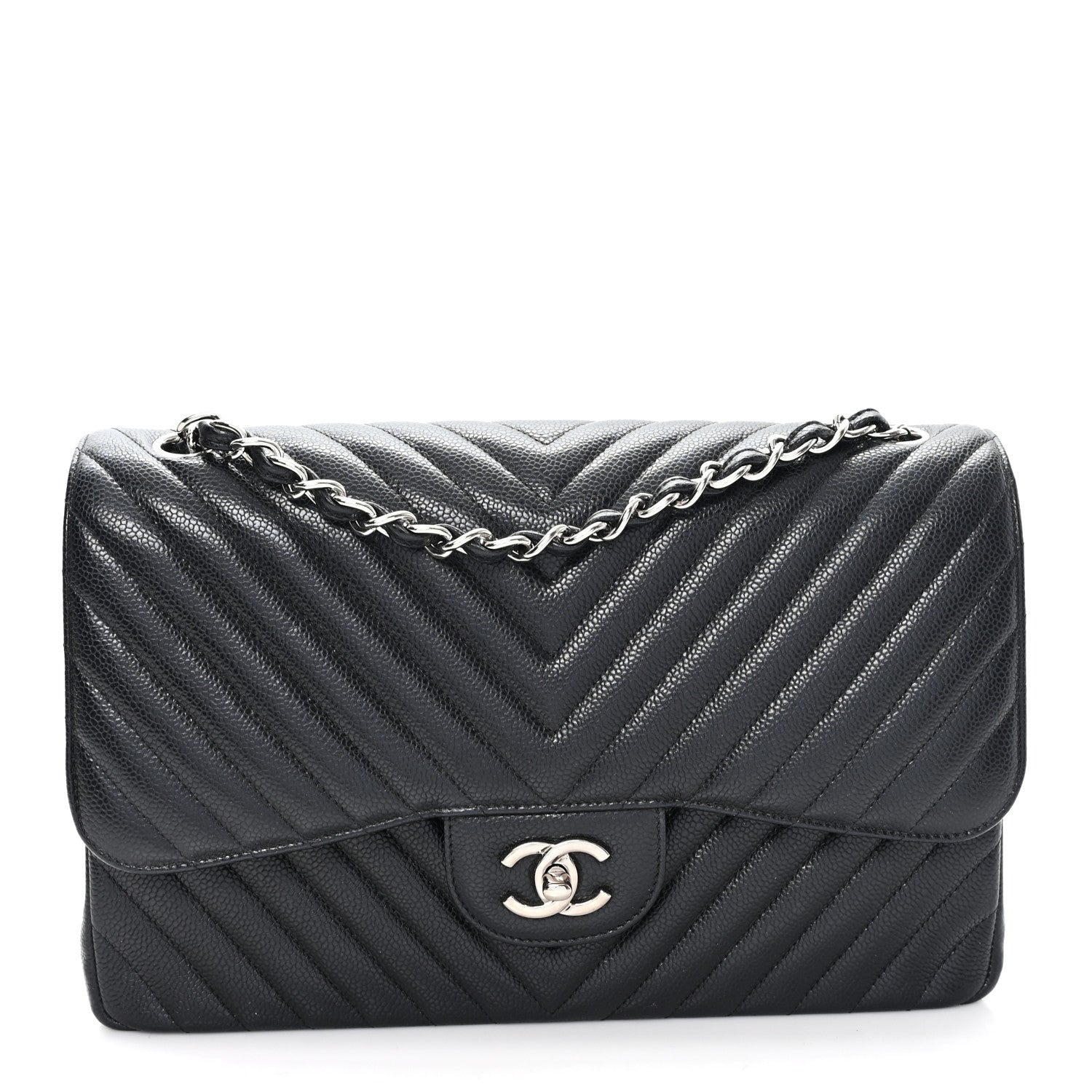 Chanel Caviar Chevron Quilted Jumbo Double Flap Black 1 of 10