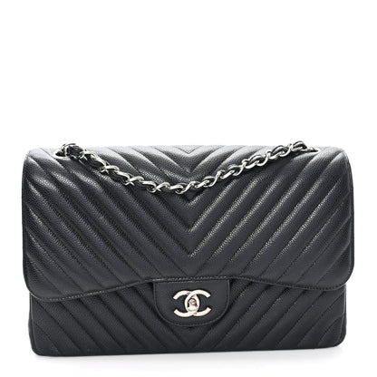 Chanel Caviar Chevron Quilted Jumbo Double Flap Black 1 of 10