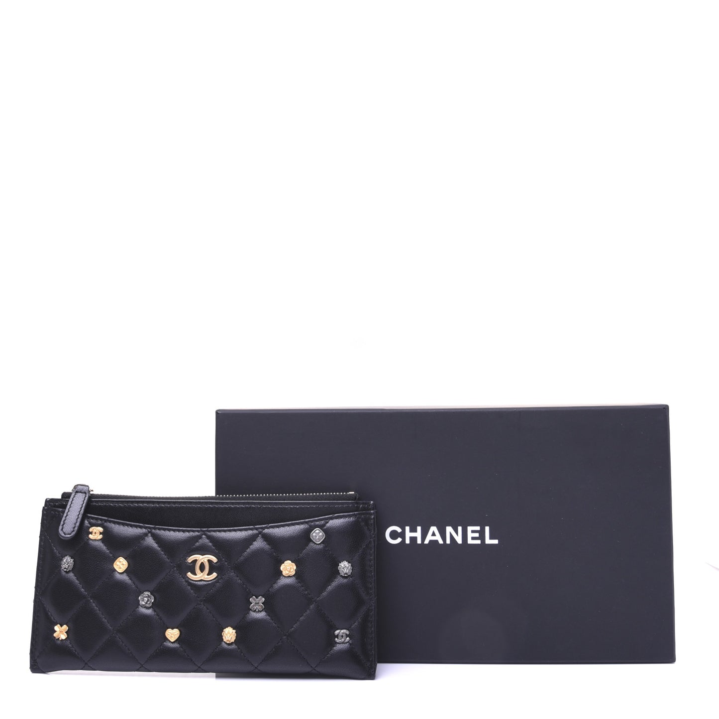 Lambskin Quilted Lucky Charms Classic Zip Pouch Black