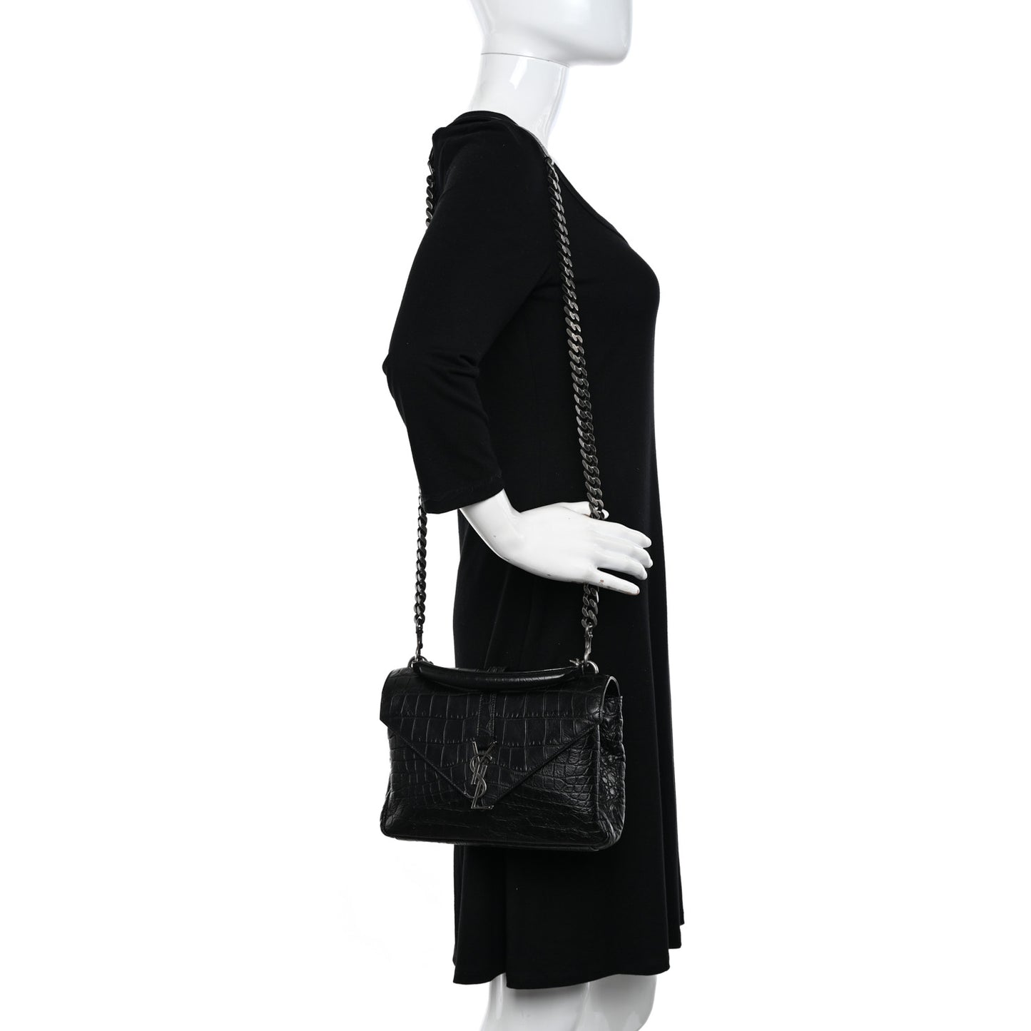 Calfskin Crocodile Embossed Medium College Monogram Satchel Black