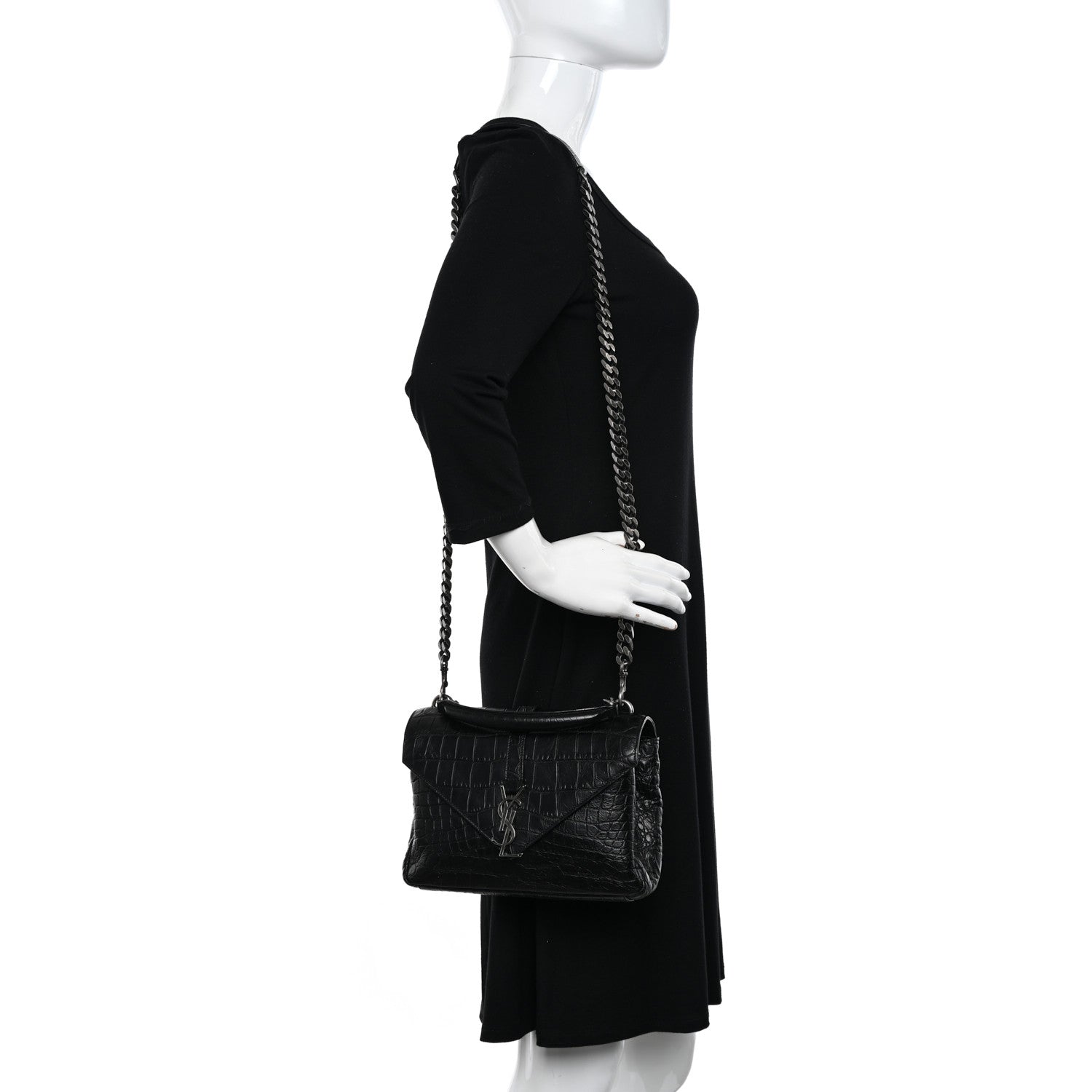 Saint Laurent Calfskin Crocodile Embossed Medium College Monogram Satchel Black 2 of 11