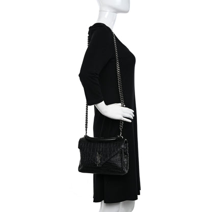 Saint Laurent Calfskin Crocodile Embossed Medium College Monogram Satchel Black 2 of 11