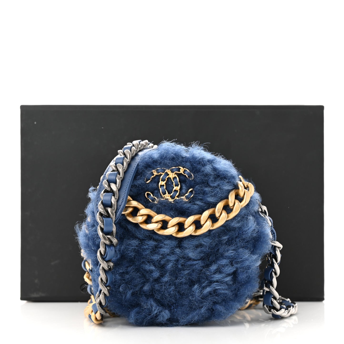 Shearling Sheepskin Chanel 19 Round Clutch With Chain Blue