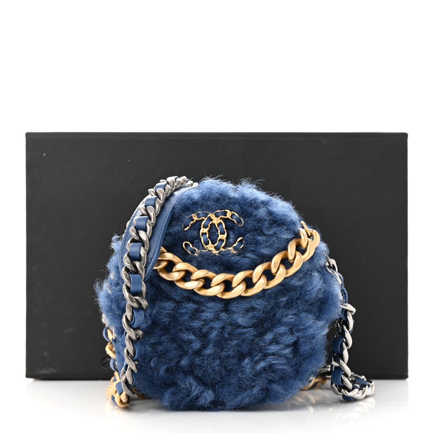 Chanel Shearling Sheepskin Chanel 19 Round Clutch With Chain Blue 11 of 11