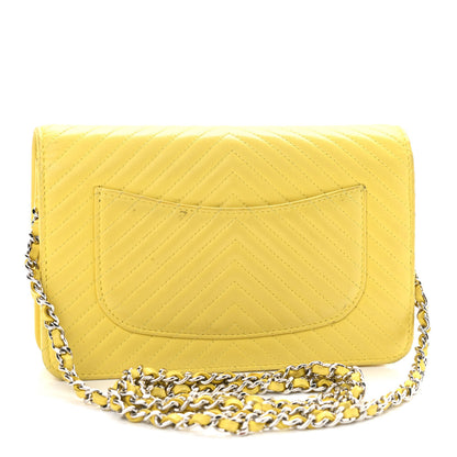 Chanel Lambskin Chevron Quilted Wallet On Chain WOC Yellow 3 of 14