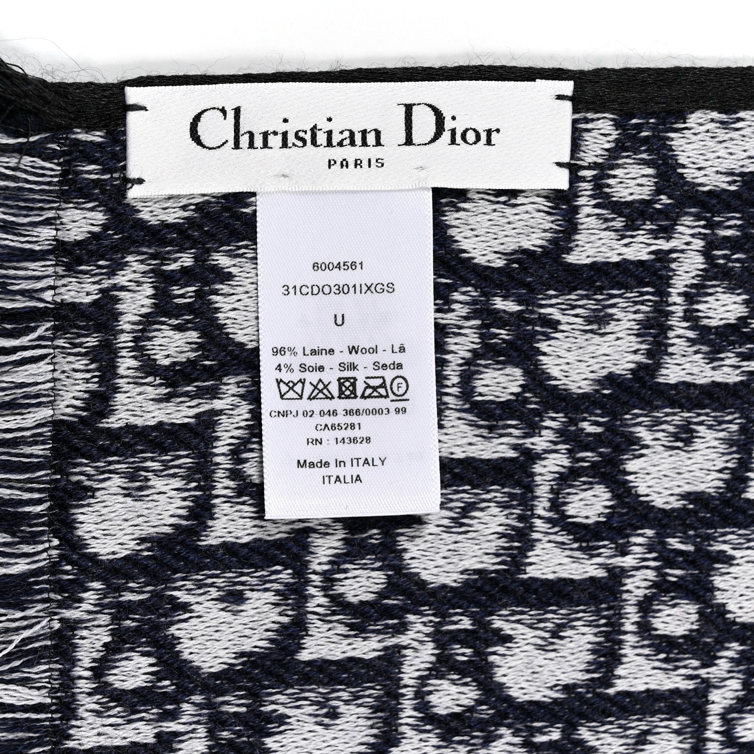 Christian Dior Wool Silk Oblique Fringed Scarf Navy Blue 3 of 3