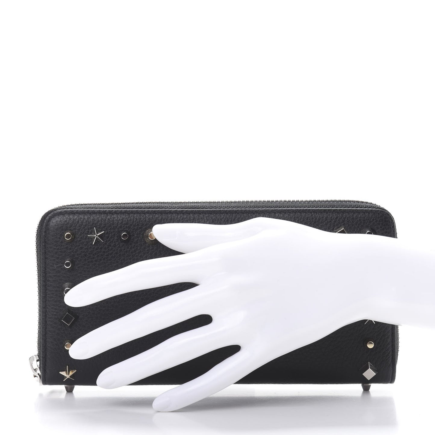 Grained Calfskin Star Studded Zip Around Wallet Black