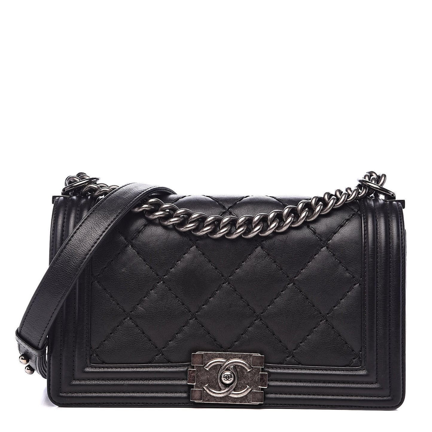 Calfskin Double Stitch Medium Boy Flap Black