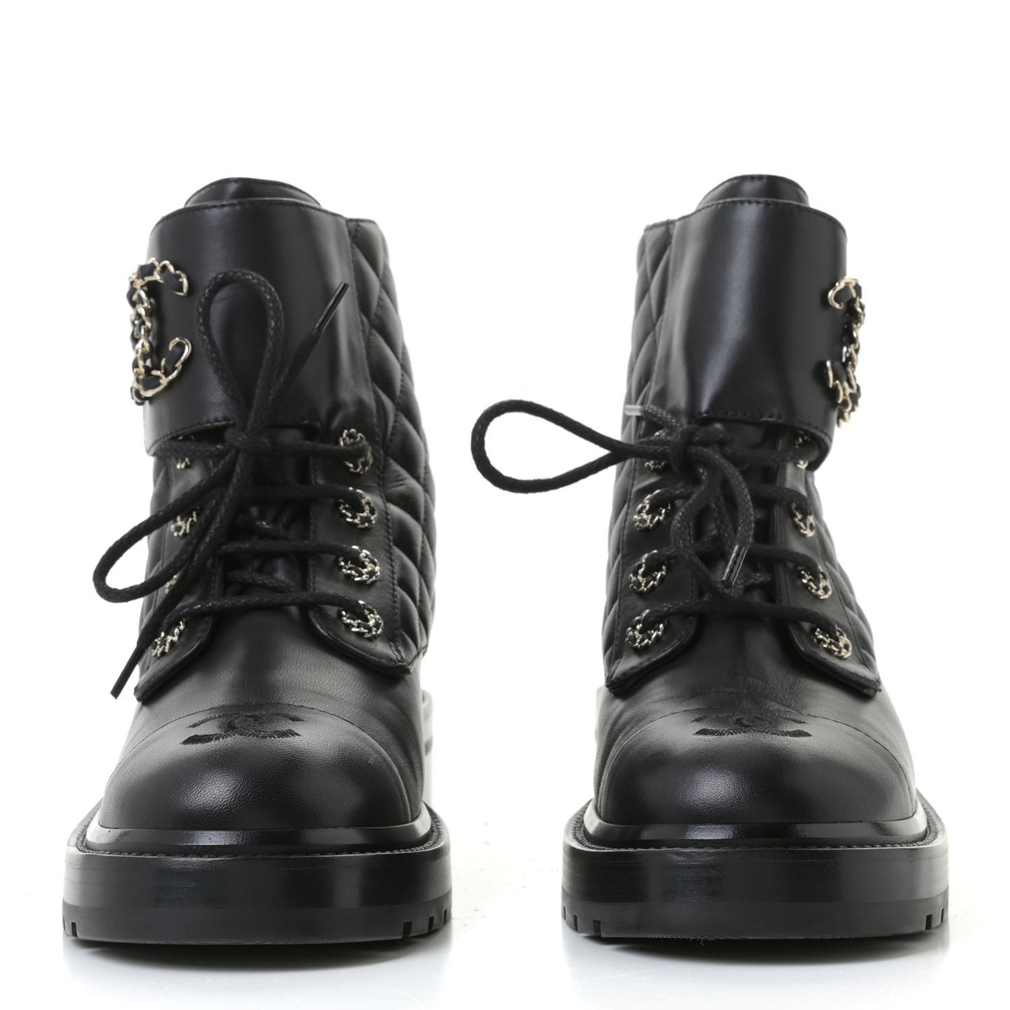 Shiny Lambskin Quilted Lace Up Combat Boots 38.5 Black