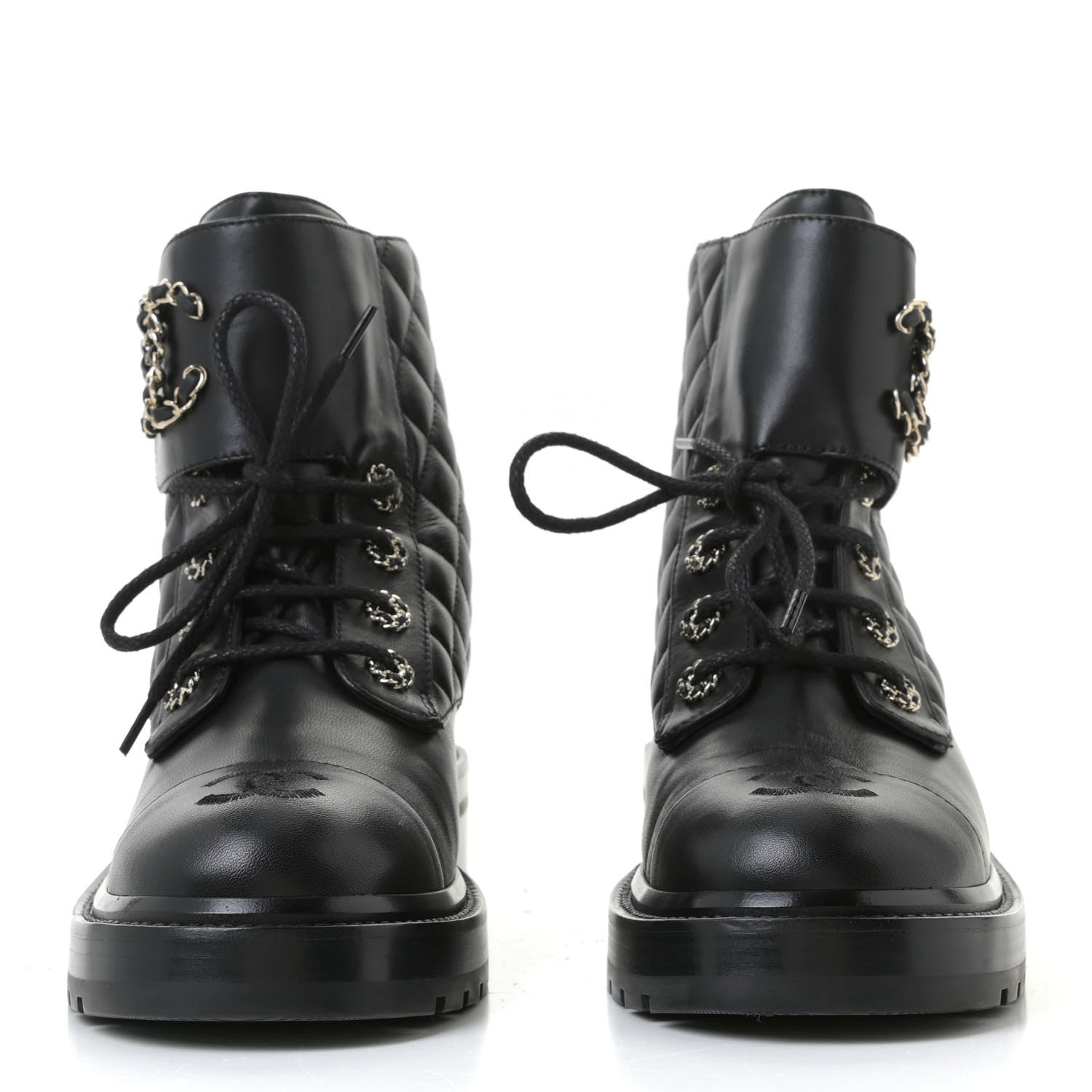 Chanel Shiny Lambskin Quilted Lace Up Combat Boots 38.5 Black 2 of 11