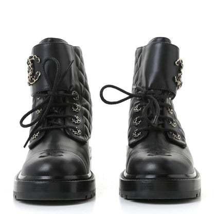 Chanel Shiny Lambskin Quilted Lace Up Combat Boots 38.5 Black 2 of 11