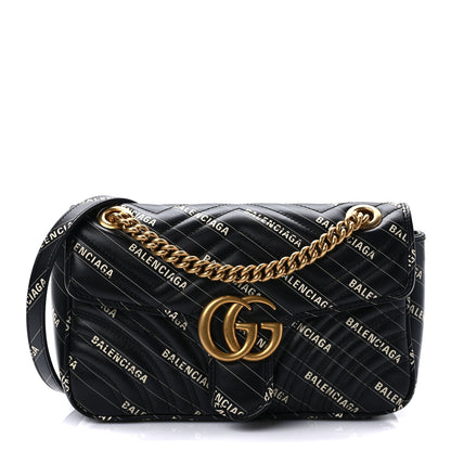 Gucci X BALENCIAGA Calfskin Matelasse Logo Print Small GG Marmont Shoulder Bag Black 1 of 9