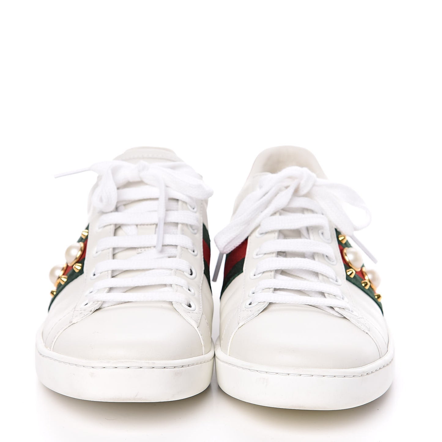Calfskin Web Pearl Studded Womens Ace Sneakers 38 White