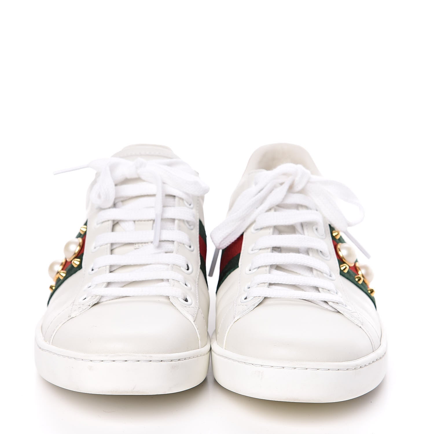 Gucci Calfskin Web Pearl Studded Womens Ace Sneakers 38 White 2 of 9
