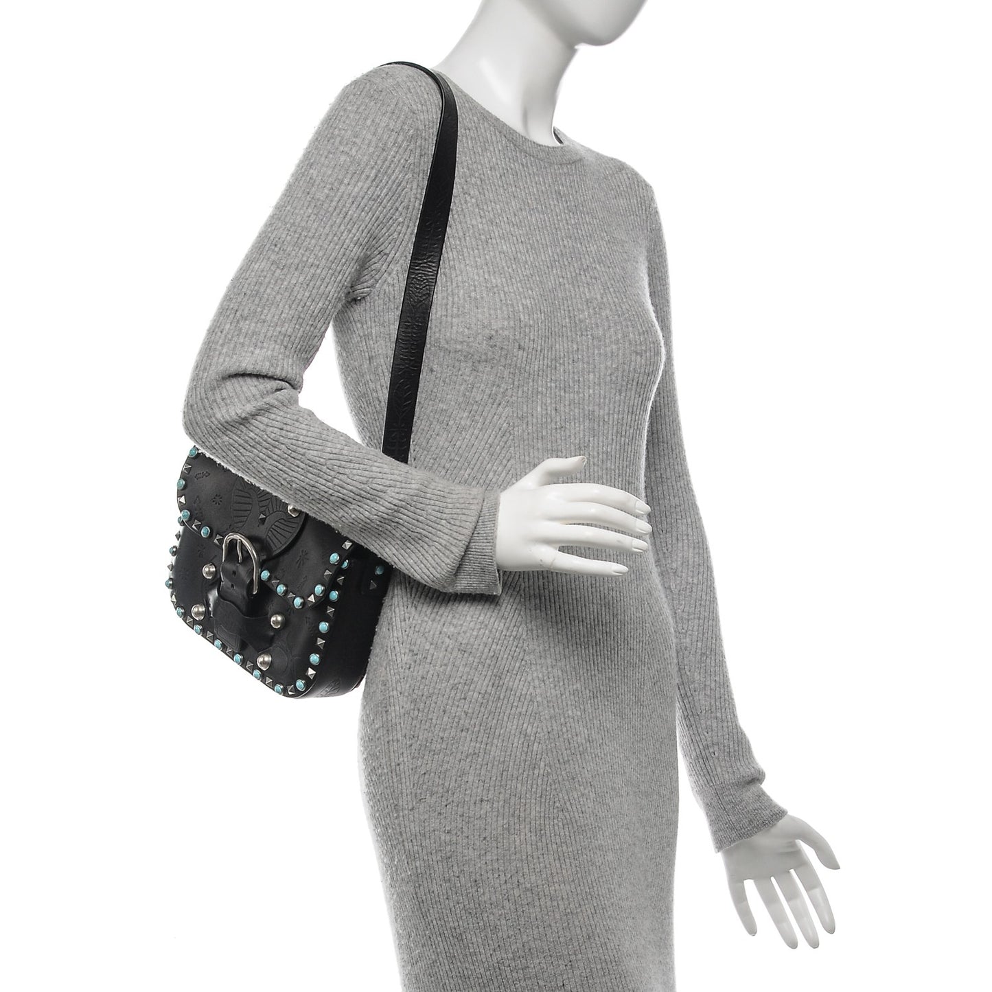 Calfskin Santeria Embossed Medium Rockstud Rolling Flap Saddle Bag Black