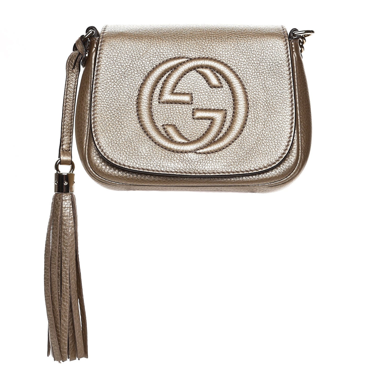 Metallic Pebbled Calfskin Small Soho Flap Crossbody Golden Beige