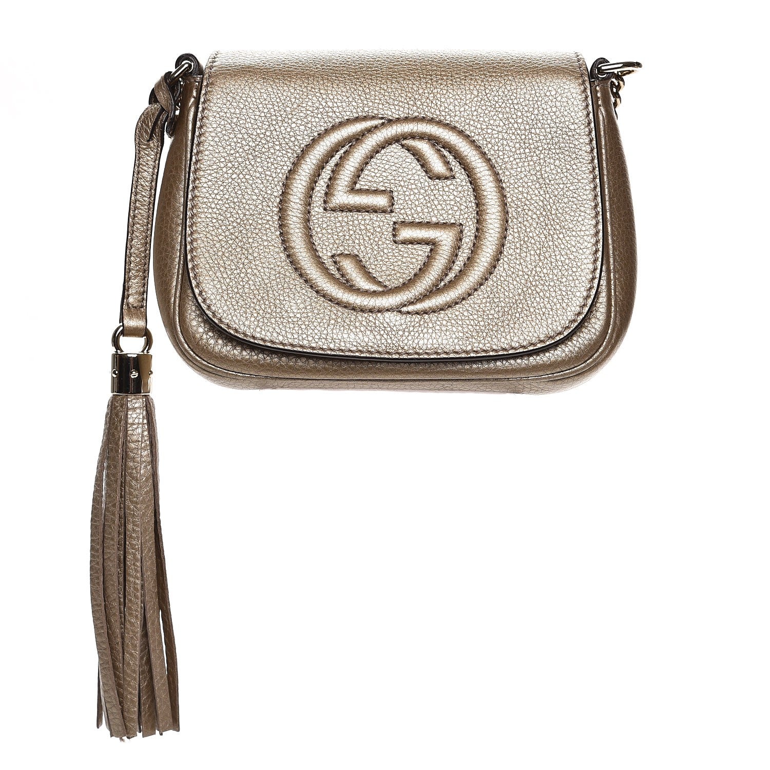 Gucci Metallic Pebbled Calfskin Small Soho Flap Crossbody Golden Beige 1 of 7