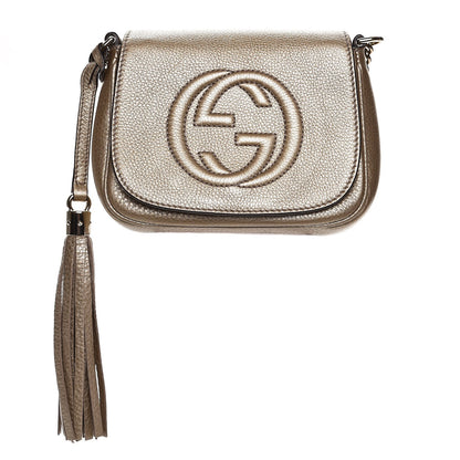 Gucci Metallic Pebbled Calfskin Small Soho Flap Crossbody Golden Beige 1 of 7