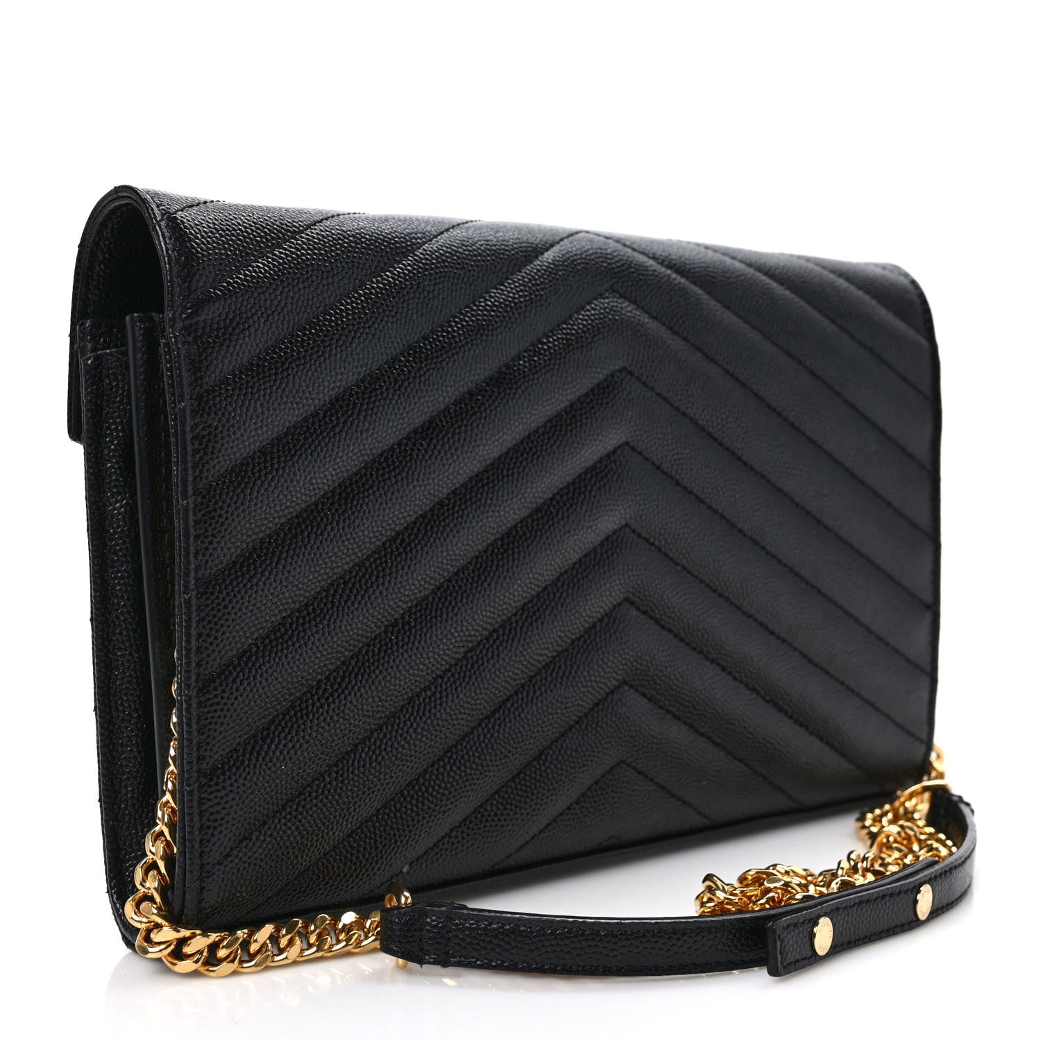 Saint Laurent Grain De Poudre Matelasse Chevron Monogram Chain Wallet Black 3 of 11