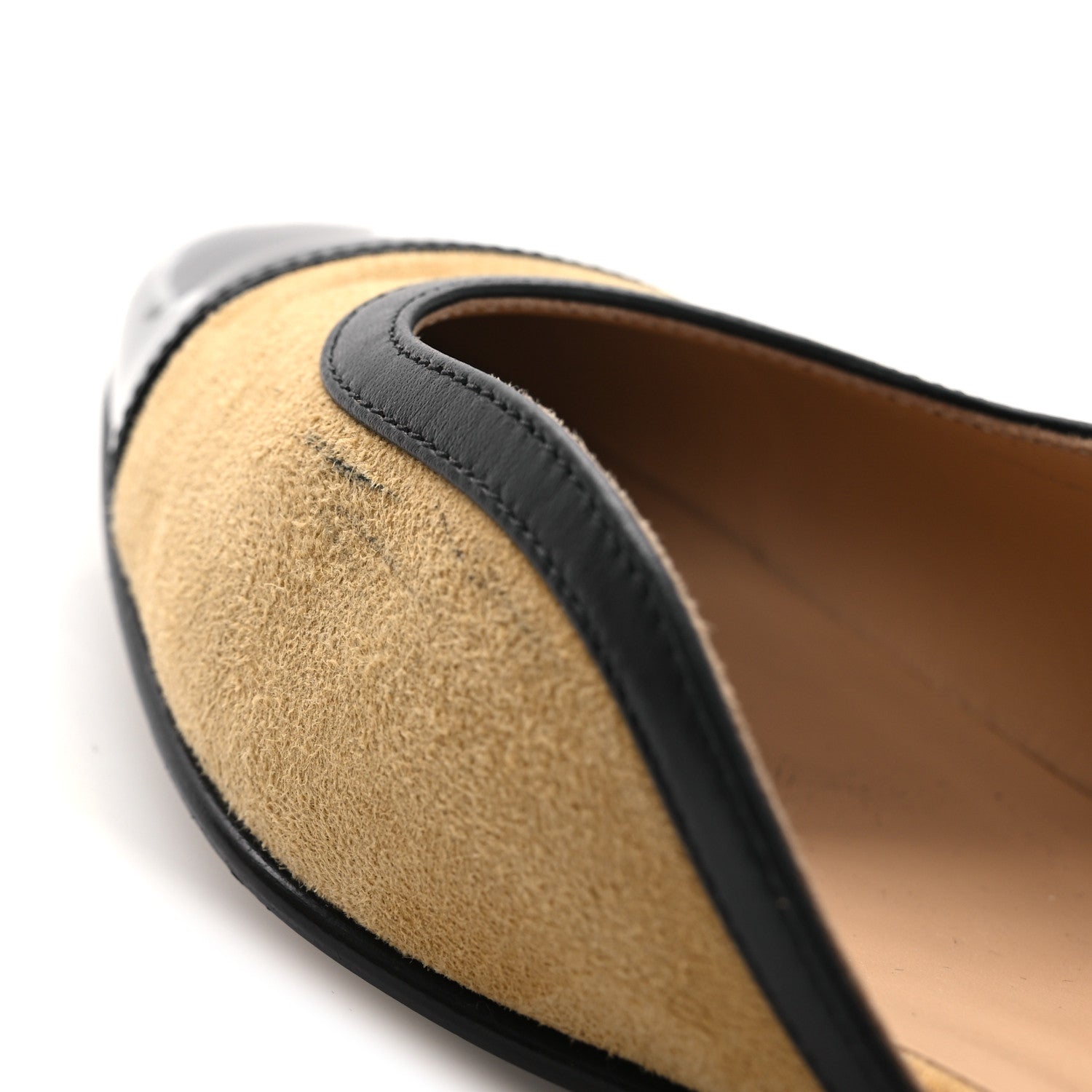 Chanel Suede Patent Crystal CC Cap Toe Slingback Flats 37 Beige