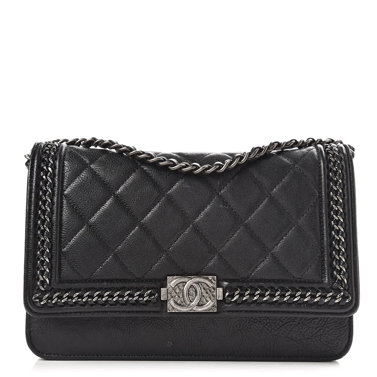 Calfskin Quilted Chain Around Boy Wallet On Chain WOC Black