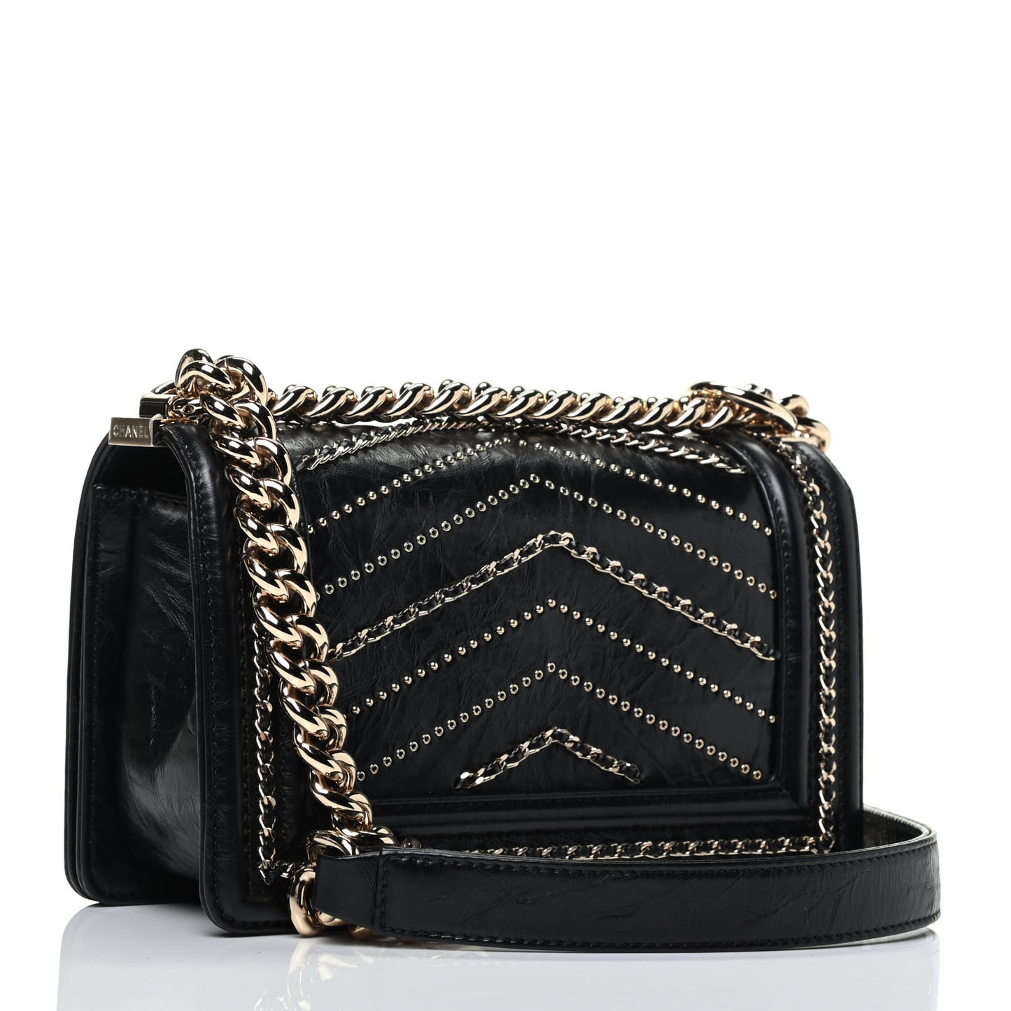 Crumpled Calfskin Chevron Small Chain Boy Flap Black