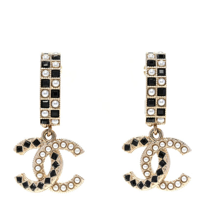 Chanel Resin Pearl CC Hoop Drop Earrings Gold Black 1 of 4