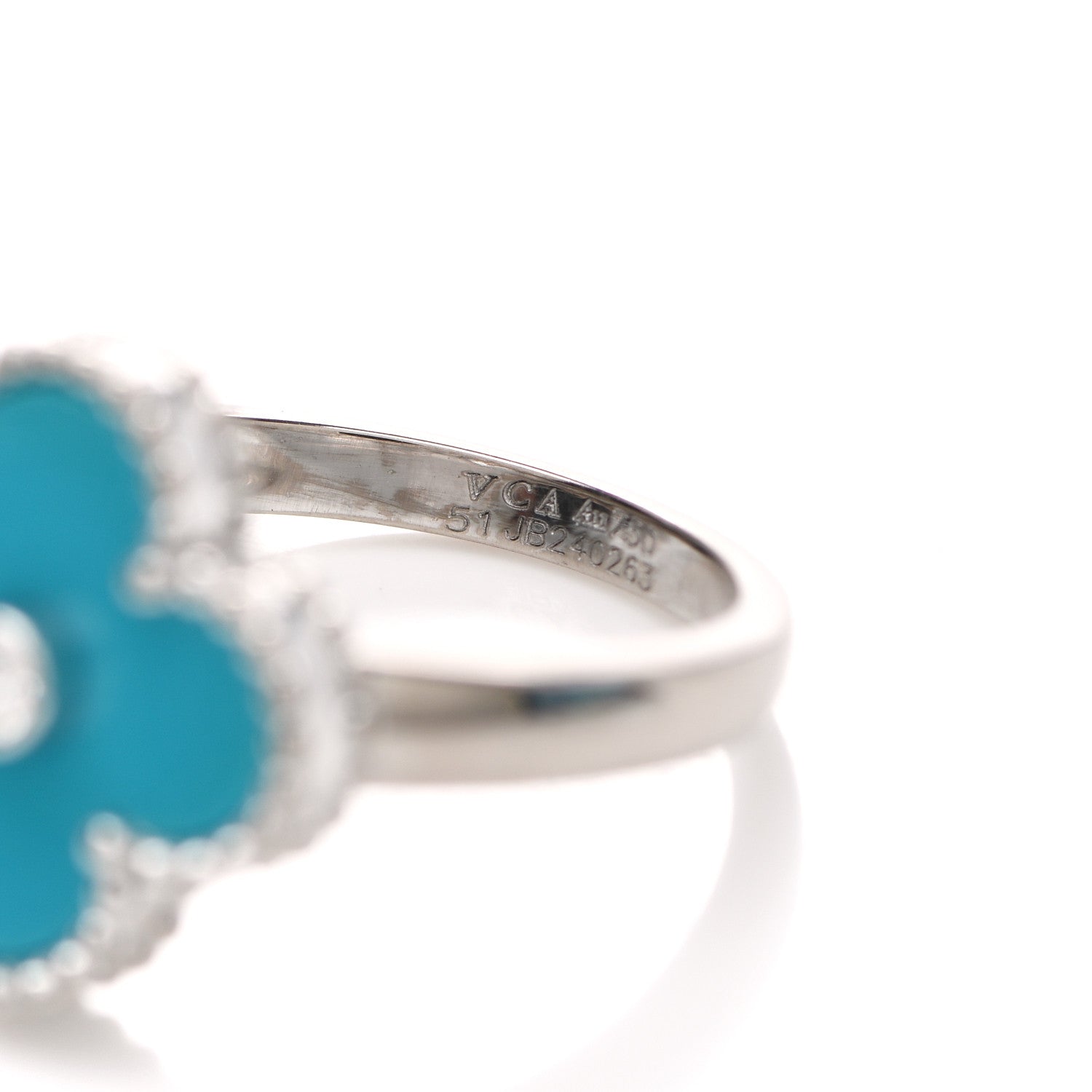 Van Cleef & Arpels 18K White Gold Diamond Turquoise Vintage Alhambra Ring 51 5.75 4 of 4