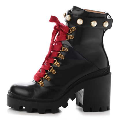 Gucci Magnum Calfskin Pearl Lace Up Combat Ankle Boots 38 Black 1 of 13