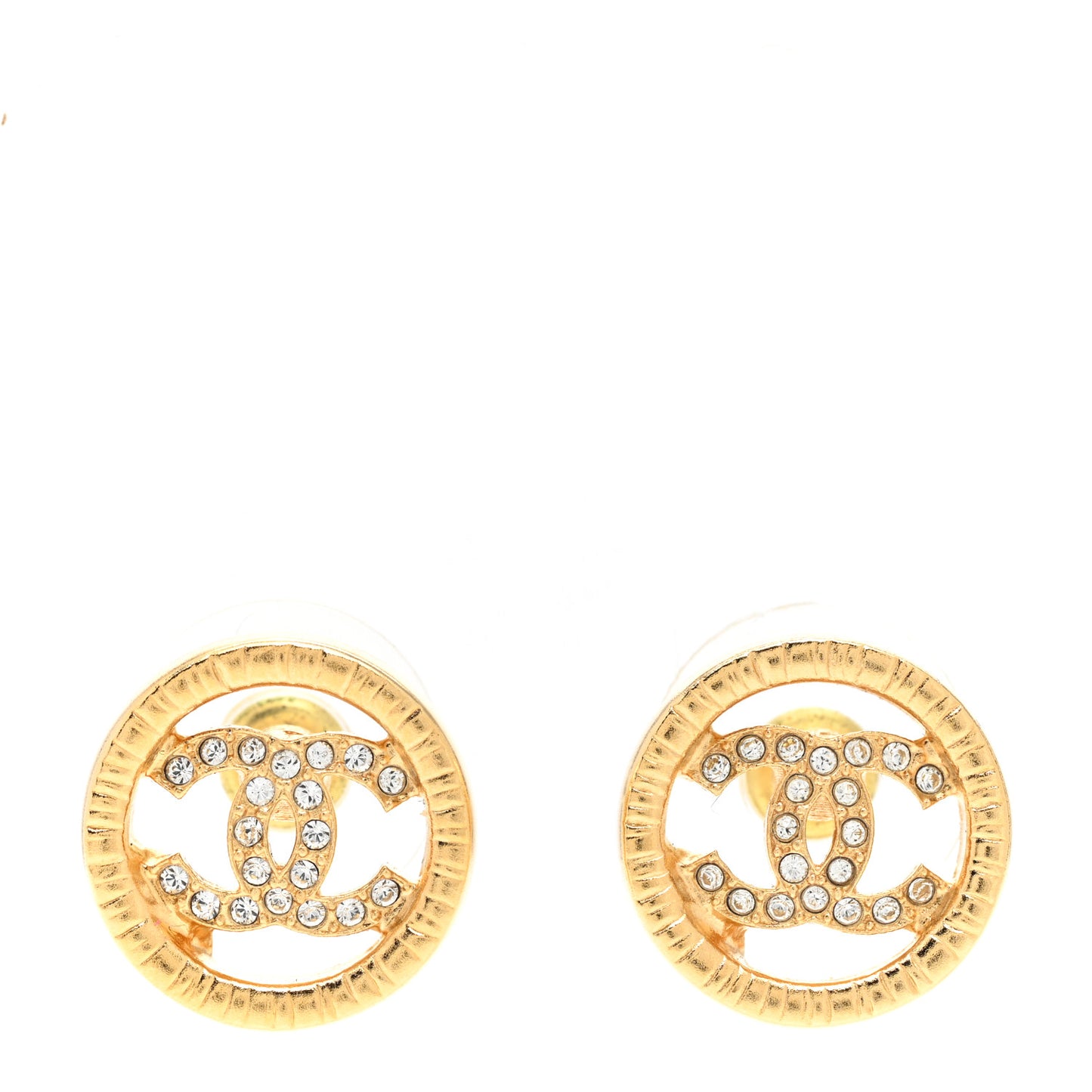 Metal Crystal Textured CC Round Earrings Gold