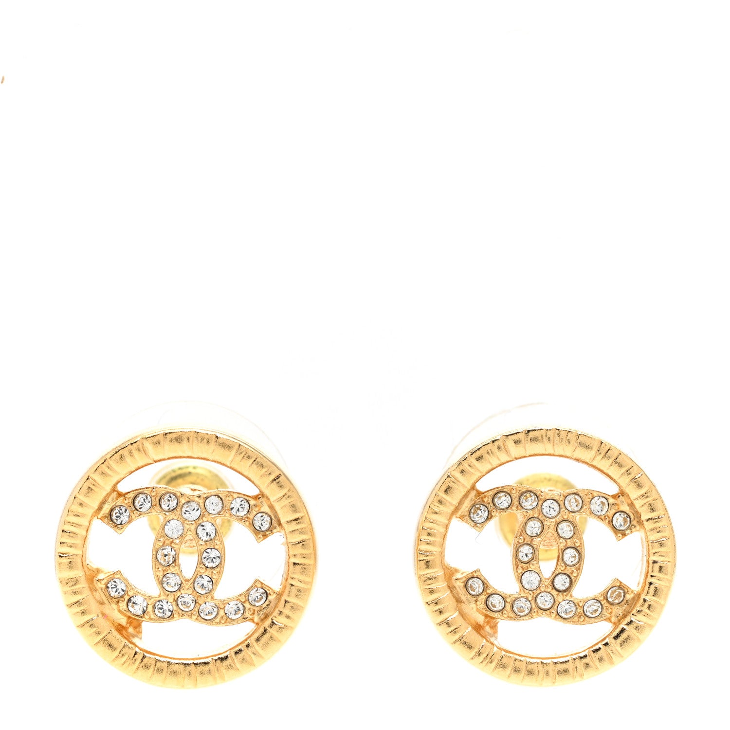Chanel Metal Crystal Textured CC Round Earrings Gold 1 of 5