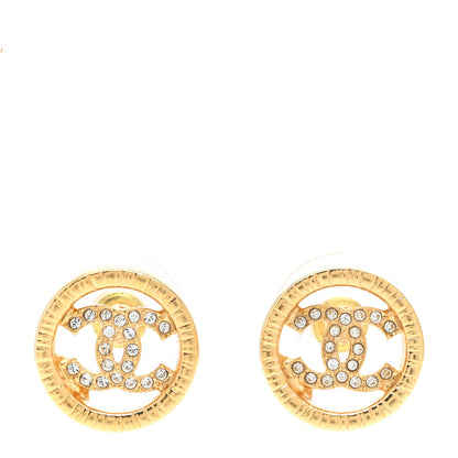 Chanel Metal Crystal Textured CC Round Earrings Gold 1 of 5