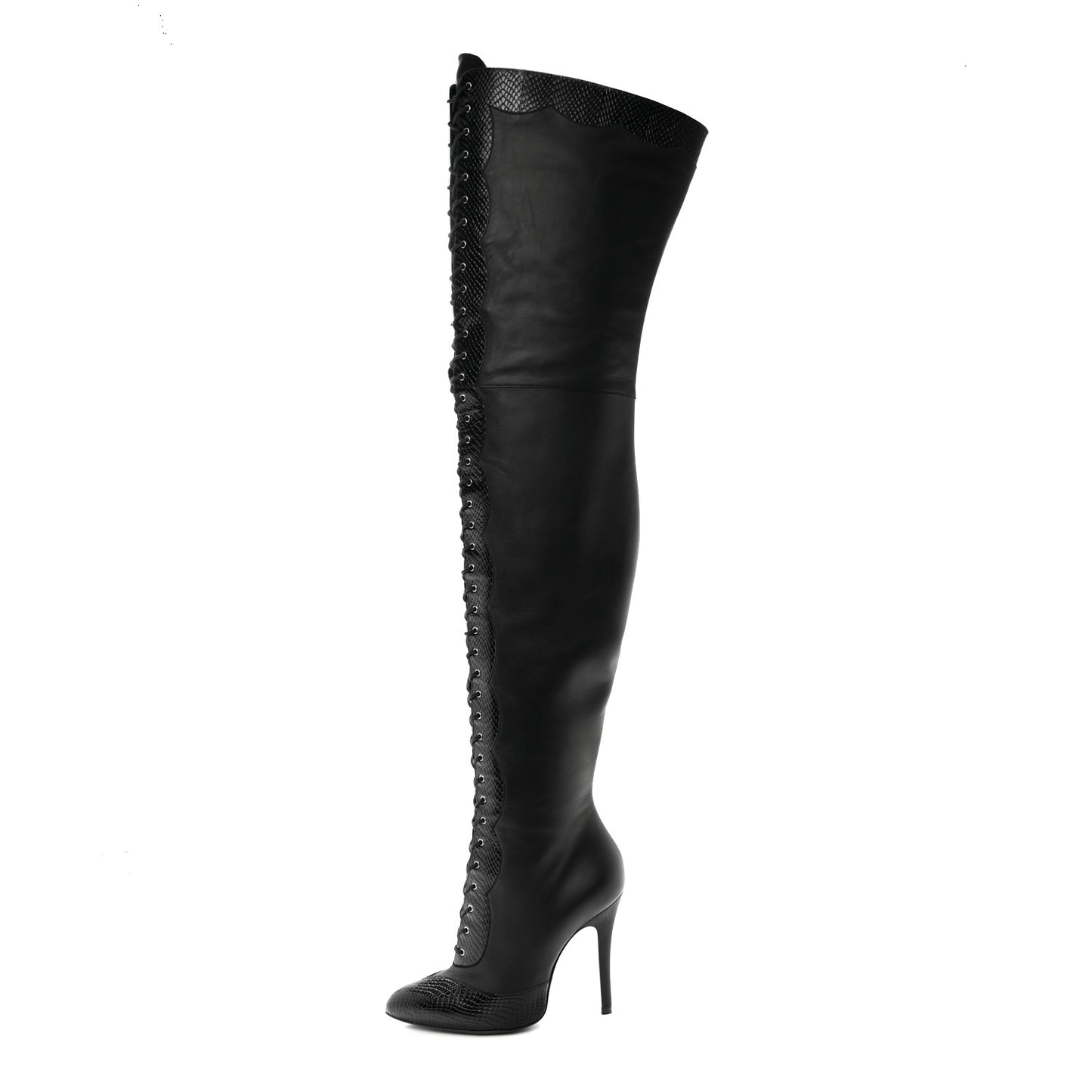 Calfskin Snakeskin Embossed Harriet Over the Knee High Boots 38 Black